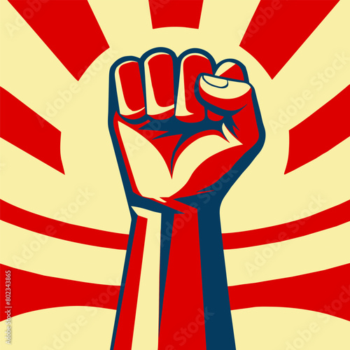 Powerful illustration of a raised fist. A universal gesture of solidarity. Strength. And resistance. Set against a vibrant. Radiant sunburst background. Evoking a sense of revolution and determination