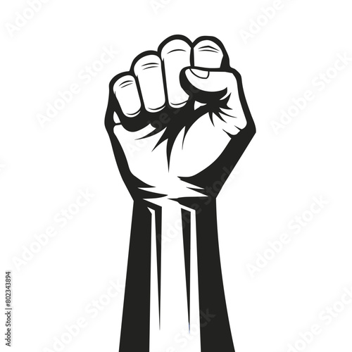 Bold black and white illustration of a raised fist representing strength, power, and unity. An iconic gesture of defiance, resilience, and solidarity depicted in a striking graphical style