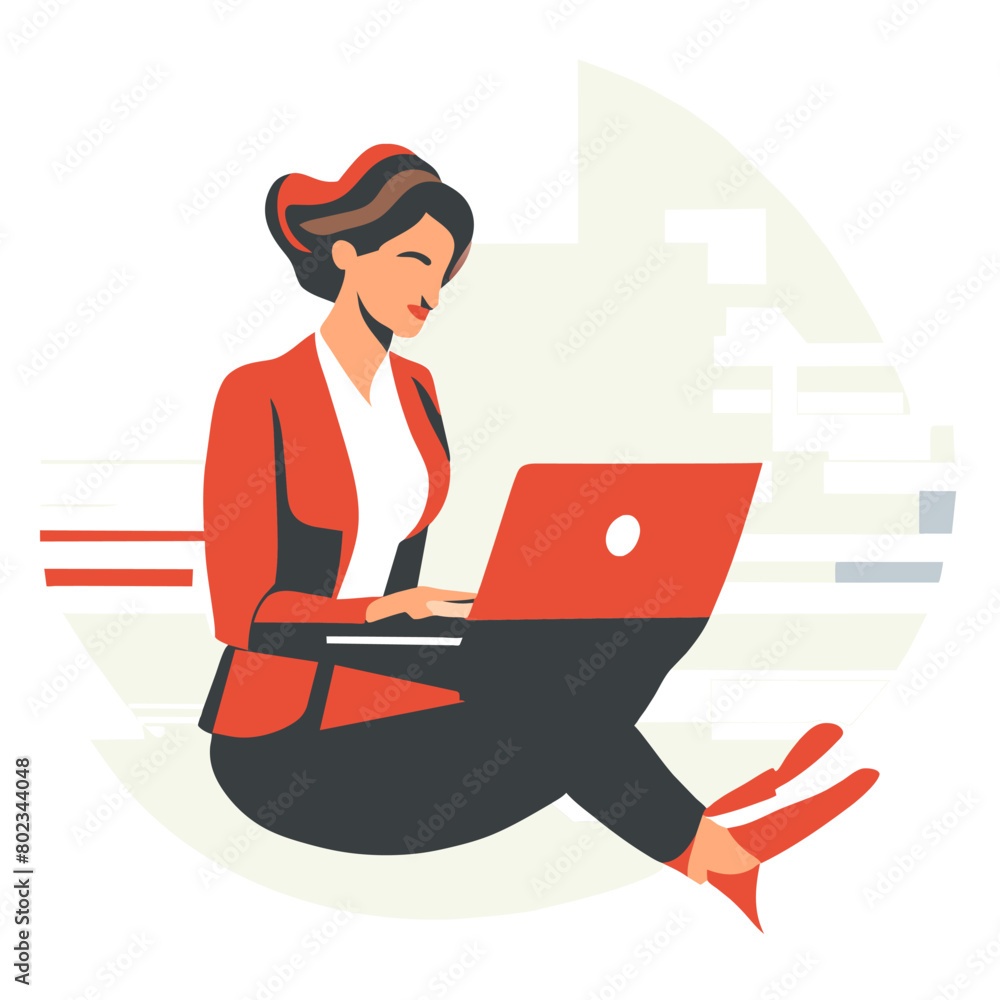 businesswoman working on laptop, vector illustration flat 2