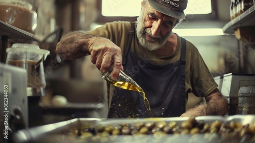A man makes olive oil from olives