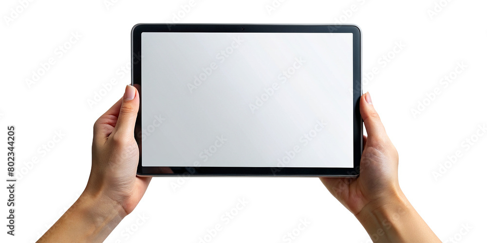 A pair of hands hold a tablet with a horizontal blank screen in front of a transparent background. The tablet is centered in the frame, highlighted as the focus for displaying potential content.AI gen