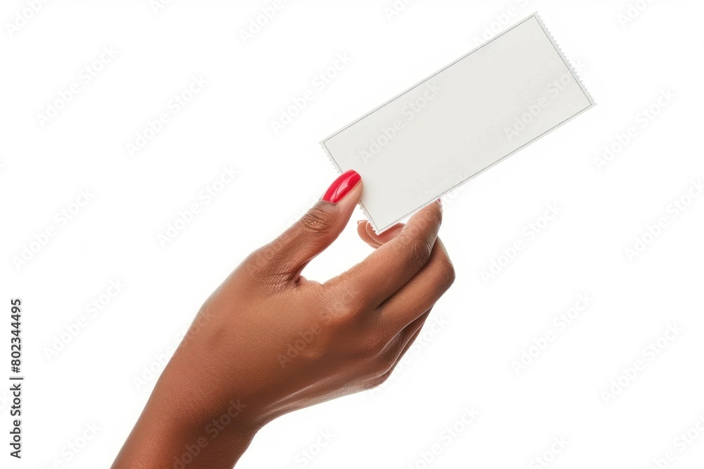 Hand holding a blank ticket isolated on white background. Concept of event invitation or admission pass.
Hand holding a blank ticket isolated on white background. Concept of event invitation or admission pass.