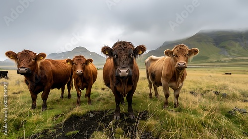 Group of cattle look at the camera on a pasture in rural Iceland on an overcast day