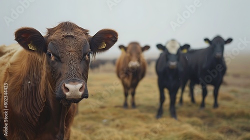 Group of cattle look at the camera on a pasture in rural Iceland on an overcast day