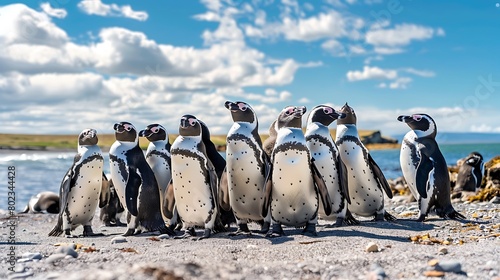 Group of magellanic penguins gathered on a sandy beach on a sunny summer day photo