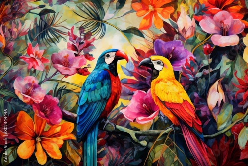 Vibrant watercolor painting of two parrots in a lush tropical setting