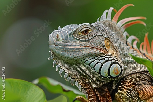 Close up of a green iguana on a green leaf in Costa Rica