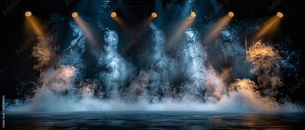 A dramatic smokefilled stage lit by spotlights designed in a vintage movie theater style against a black background to evoke nostalgia and drama.