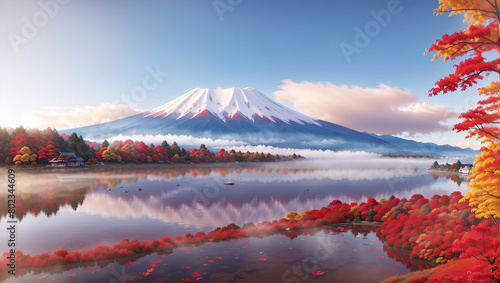 A photo of a mountain and lake surrounded by red trees in the fall.