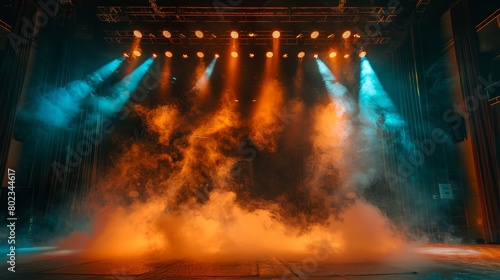 A dramatic presentation on a stage styled like an old movie theater with spotlights and smoke enhancing the black background.