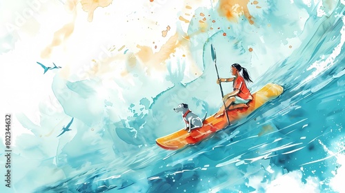 Marine Watercolor postcard with the image of a teenage girl with a paddle and a dog floating on a surfboard on a raging sea against the sky in summer, The concept of relaxing during the holidays