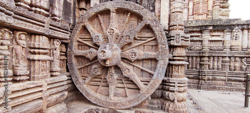 10 March, 2024, Sun Temple, Konark, Orissa India, Ruins of 800 year old temple dedicated to Sun. Designed as a chariot consisting of 24 wheels which are sundials to measure movement of sun and planets photo