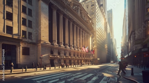 A busy city street with a large building in the background. The street is empty and the sun is shining