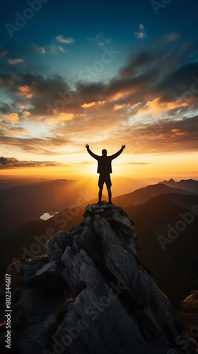 A person stands on a mountaintop at sunset, arms raised in triumph