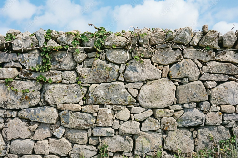 Stone wall with green ivy and blue sky in the background