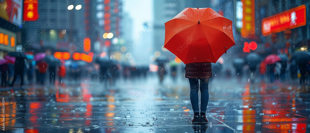 Person with a red umbrella walks down a rainy city street at night ...