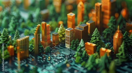 A cityscape made of trees and buildings is shown in a close up. The city is made of a computer chip and the trees are made of gold. Scene is one of wonder