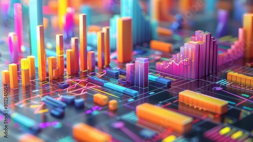 A colorful cityscape with buildings and a grid of orange and blue squares. The image is a representation of a city s data  with each square representing a different aspect of the city s infrastructure