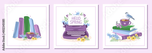 Books with spring flowers. Set of layout design for bookshop, library, bookstore, festival or education. Vector illustration