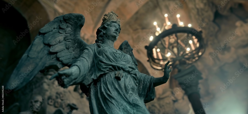 Obraz premium Mystical Angel: Chandelier Bearer in Ancient Castle Shadows