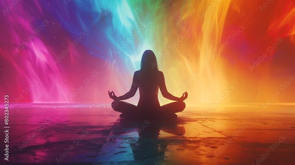 The vibrant energy field of a yoga pose, captured in serene colors