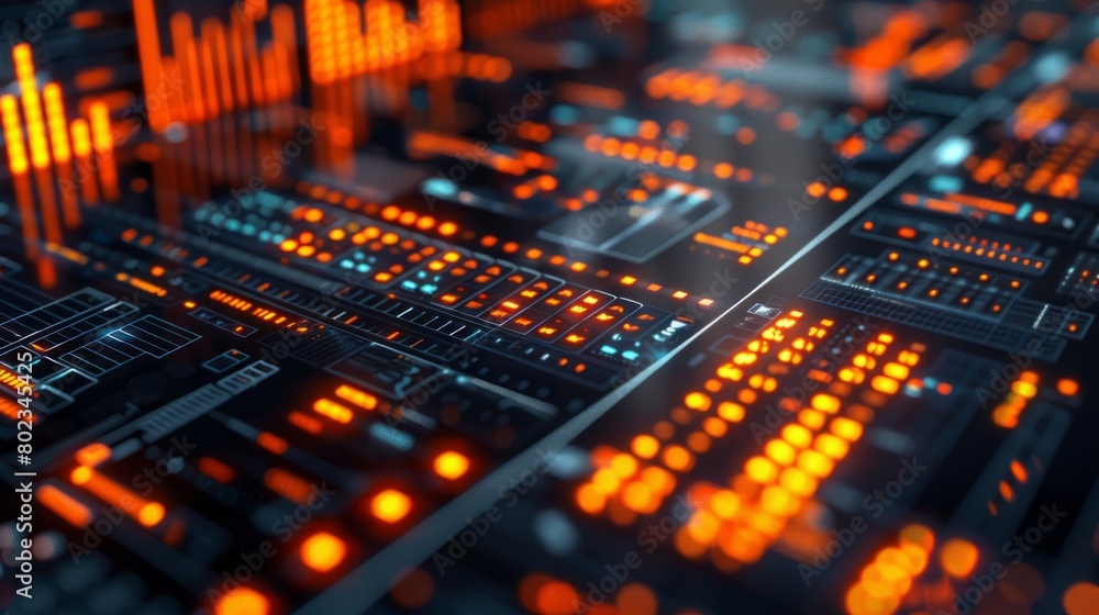 A close up of a computer screen with many orange lights. Concept of technology and complexity, with the many lights representing the many components of a computer system A close up of a computer screen with many orange lights. Concept of technology and complexity, with the many lights representing the many components of a computer system