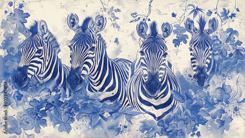A painting of four zebras in a field of blue and white