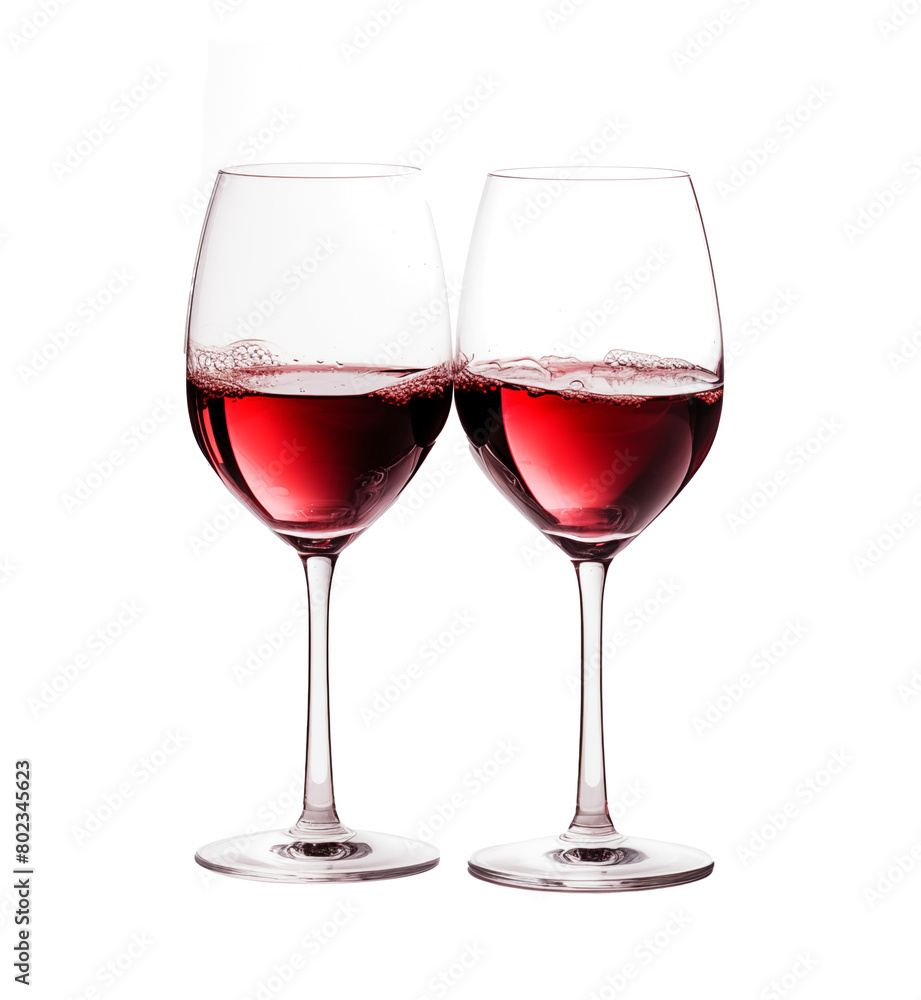 Two elegant glasses filled with red wine, standing side by side against a white background, ready for a toast. Generative AI Two elegant glasses filled with red wine, standing side by side against a white background, ready for a toast. Generative AI