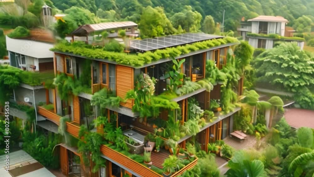 A green house or building with a rooftop garden and solar panels on the roof is an innovative design with sustainability in mind. A green house or building with a rooftop garden and solar panels on the roof is an innovative design with sustainability in mind.