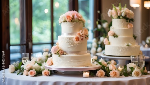 Wallpaper Mural A lovely wedding cake decorated for the wedding party in the reception area. Lovely cakes for dessert and floral arrangements in the gathering space. Torontodigital.ca