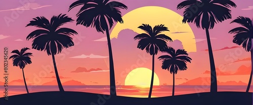 Tropical sunset with palm trees flat vector illustration. Generative AI © Carlos
