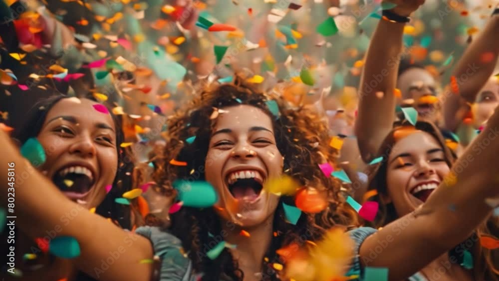 Cheerful girl has confetti at birthday party with group of friends who were cheering and celebrating with confetti falling down Cheerful girl has confetti at birthday party with group of friends who were cheering and celebrating with confetti falling down