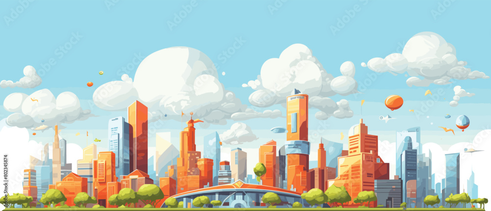Urban Skyline Vector Illustration, Colorful Modern Cityscape with Floating Balloons