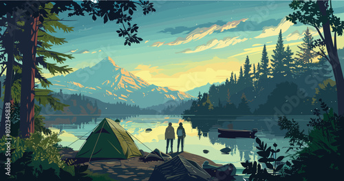 Sunset Camping by the Lake Illustration, Tranquil Evening with Tents and Reflections