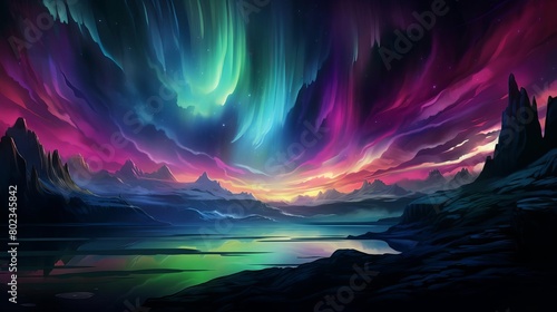 a vibrant aurora borealis over a mountainous landscape