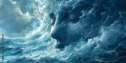Personified ocean waves depicting mood and mental states. Concept of meteorological effects on mental health. Design for mental health awareness posters photo
