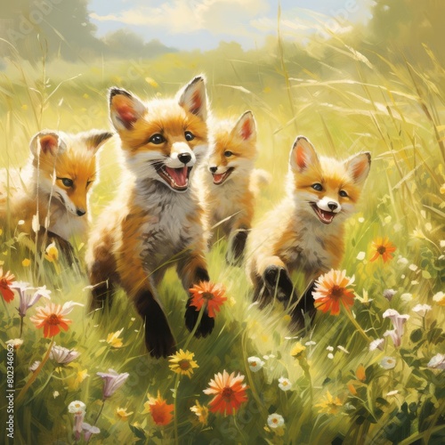 Four adorable fox kits are playing in a field of flowers