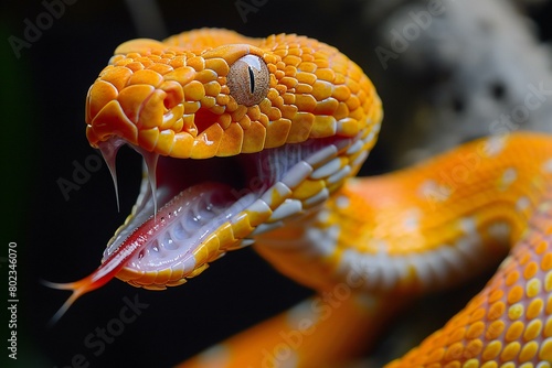 Close up of the head of a yellow snake with open mouth