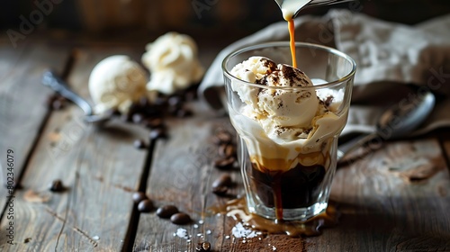 Pouring coffee on vanilla ice cream to make an affogato coffee on a rustic wooden table
