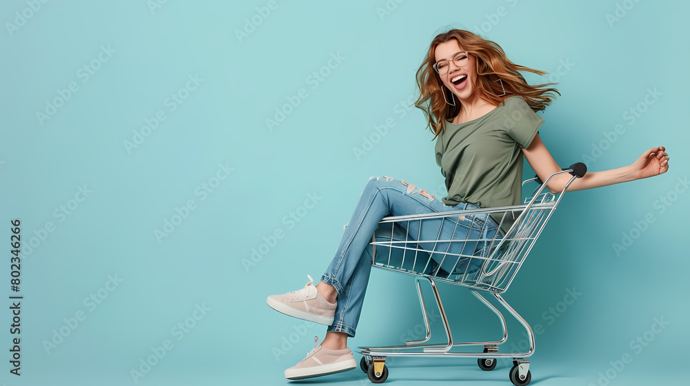 A joyous young woman with flowing hair rides in an empty shopping cart against a bright teal background, conveying fun and freedom