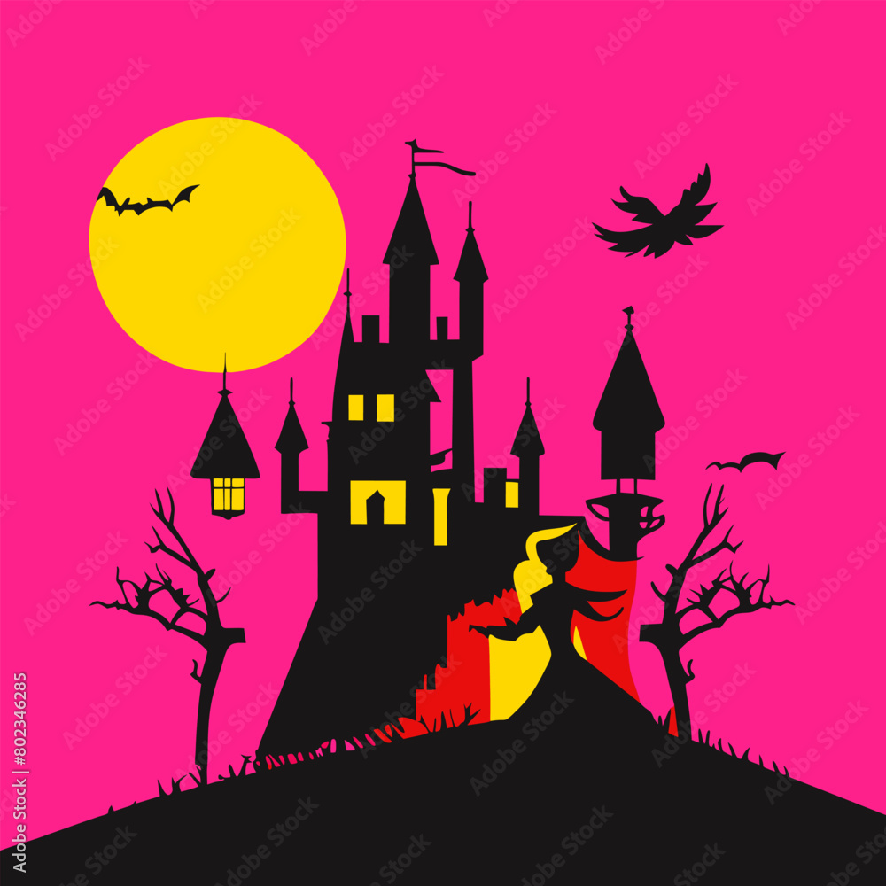 a medieval castle and a witch, vector illustration flat 2
