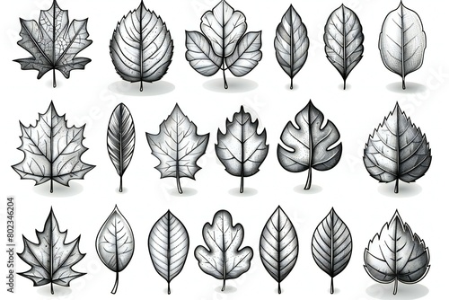 Leaves set, Black and white illustration isolated on white background