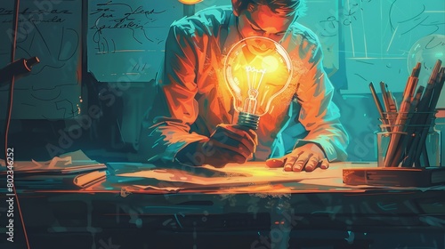 A man is sitting at a desk with a light bulb in his hand. Concept of creativity and innovation