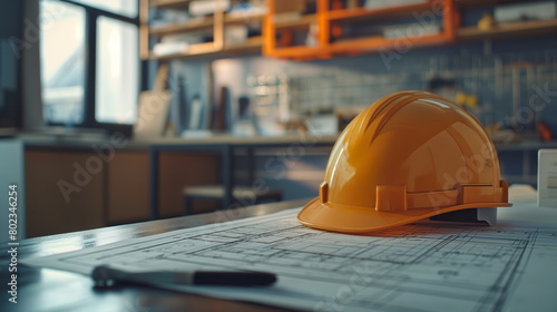 architectural blueprint layout with hardhat on a table