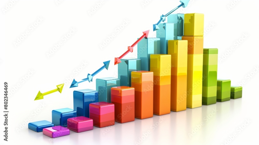 A 3D rendering of a bar graph with bars. The bars are arranged in ascending order from left to right, with the tallest bar on the right. The colors of the bars are blue, green, red, orange, yellow, A 3D rendering of a bar graph with bars. The bars are arranged in ascending order from left to right, with the tallest bar on the right. The colors of the bars are blue, green, red, orange, yellow,