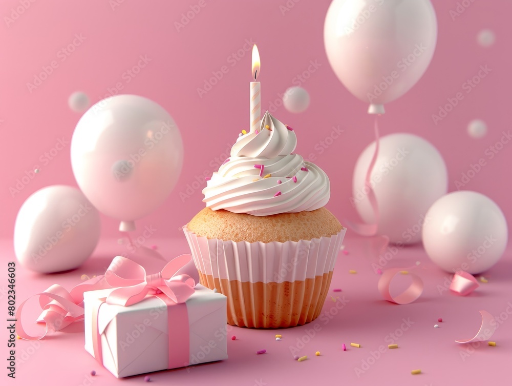 A charming 3D rendering of a cupcake with a birthday candle and a gift box accompanied by white balloons on a pastel pink background for a minimalist design.