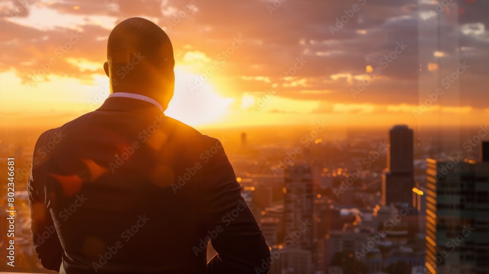 Executive Overlooking the City at Sunset.