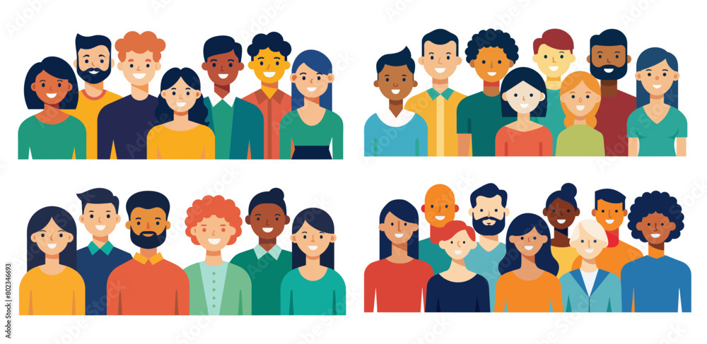 Vetor de Colorful illustration featuring rows of diverse, smiling ...