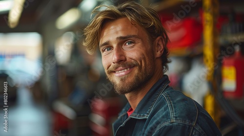 Smiling Man in Denim Jacket. Generative AI © jul_photolover