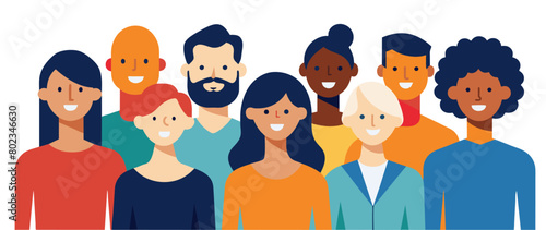 Illustration of a vibrant and diverse group of men, women, and youth from different ethnicities and cultures, smiling and embracing inclusivity and togetherness in a colorful flat design vector